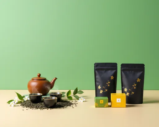 Prompt: "Studio shot of a Japanese-style tea set on the left, including a brown ceramic teapot and three small black tea cups with rising steam, placed on top of loose green tea leaves and a few jasmine flowers. On the right side, three modern tea packages are neatly aligned: two black standing pouches with gold leaf illustrations and one small green-yellow tea box. Background is a clean two-tone studio setup with a flat green paper backdrop on top and a light beige paper surface as the table. Soft front lighting and realistic shadows. Professional product photography composition, clean, minimalist style."