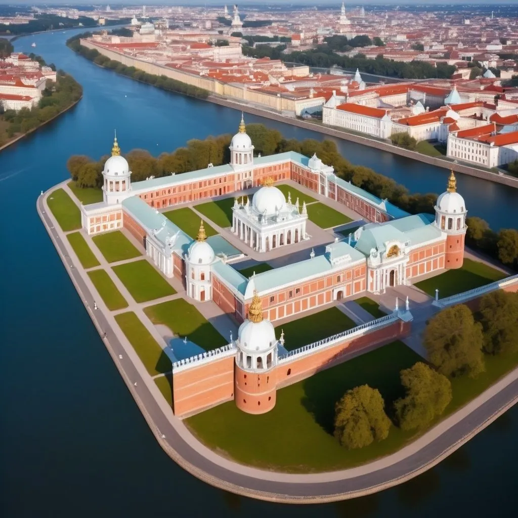 Prompt: red brick walled royal complex with white royal palace inside and towers, elegant inside with baroque and rococo buildings. the walled complex is surrounded by river and is an island.