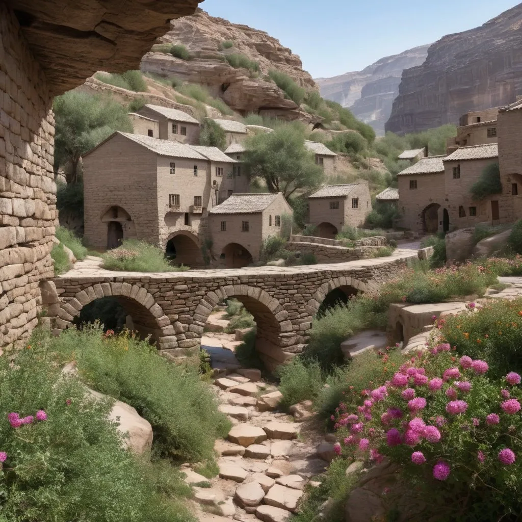 Prompt: stone village inside a ravine with stone bridges with arid shrubs and flowers