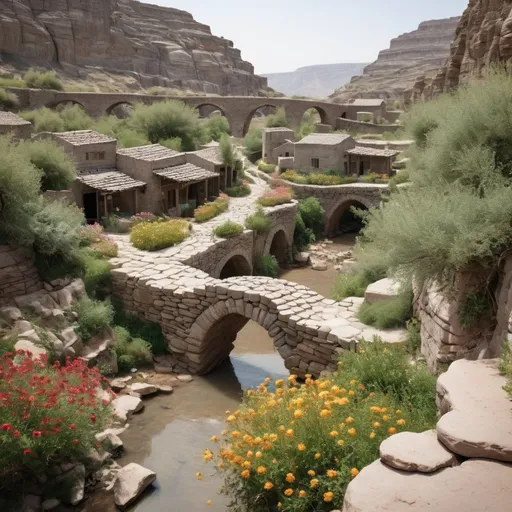 Prompt: stone village inside a ravine with stone bridges with arid shrubs and flowers