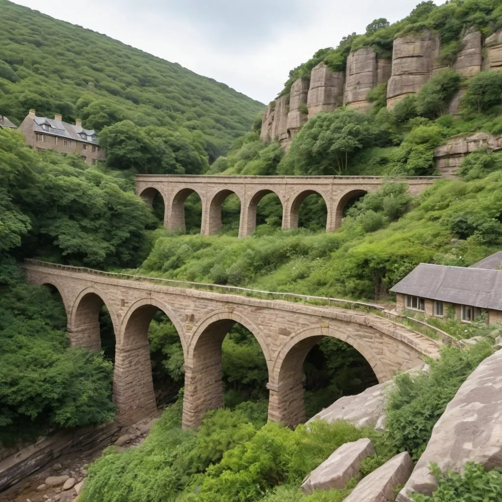 Prompt: sand stone viaduct over the rocky ravine with shrubs and stone houses on sides of the ravine