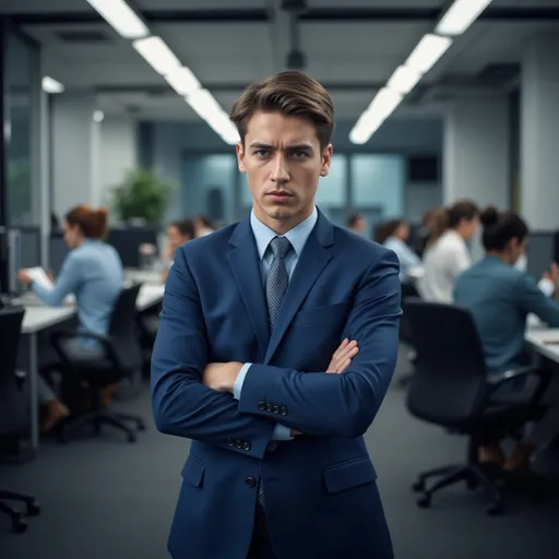 Prompt: A young, new leader, frustrated expression, standing anxiously with crossed arms, deep blue business attire, softly lit from above, focusing intensely ahead, blurred coworkers busy with paperwork in the background, indicative of a bustling office environment, cool tones, capturing the weight of leadership, high-detailed, 4K.