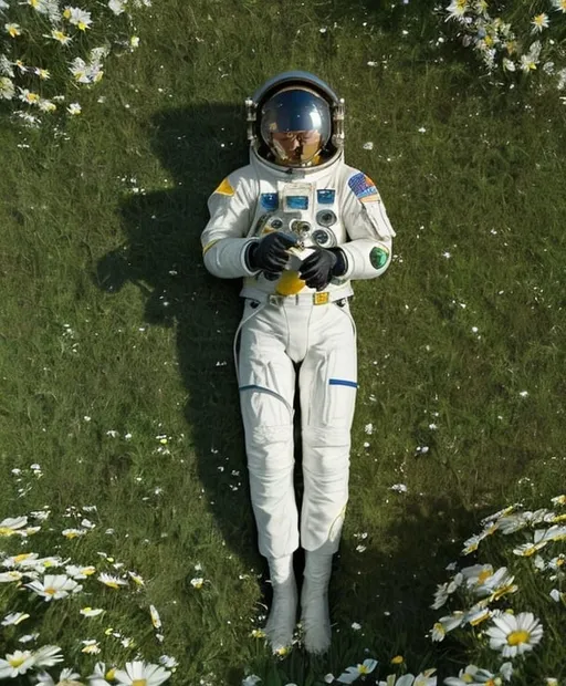 Prompt: A hyperrealistic, top-down view of an astronaut lying on a lush green field, surrounded by daisies. The astronaut's suit is pristine white, reflecting the sunlight, with intricate details visible on the helmet and gear. The scene is serene, with the astronaut's visor showing a reflection of the clear blue sky above. The daisies are vibrant, with delicate white petals and yellow centers, creating a beautiful contrast against the green grass and the astronaut's suit. The overall atmosphere is peaceful and surreal, blending the elements of space exploration with the tranquility of nature.