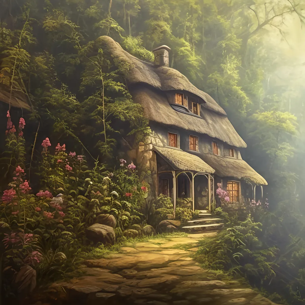 Prompt:  extremely detailed painting of a cottage in the deep dense forest
