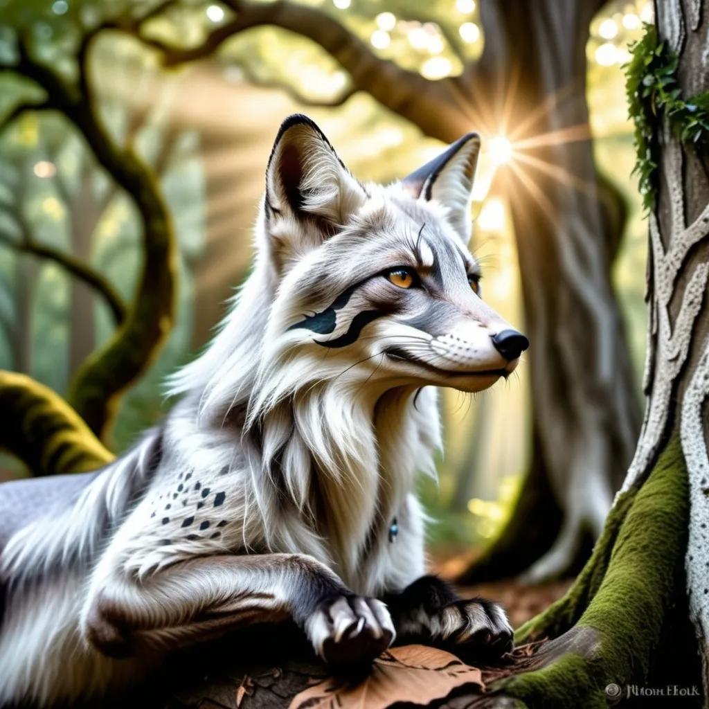 Prompt: real silver fox animal with Viking tattoos sitting under the old angel oak tree
