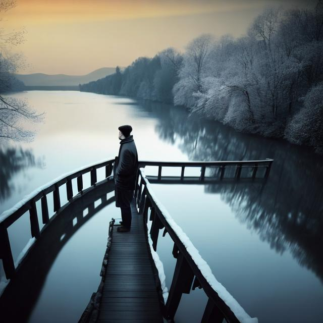 Prompt: I am men age 22 make the image CGI or natural .Compose a poignant profile picture capturing the profound emotions of loneliness and heartbreak. The focus is on a close-up of the individual's face, standing near a bridge railing against the backdrop of a winter morning. Below the bridge, feature a serene lake or river to enhance the reflective mood. Use natural lighting to highlight the person's expressions and convey the complexity of emotions experienced after heartbreak. Craft an image that is emotionally resonant and suitable for use as a profile picture, evoking a sense of solitude and the beauty of nature amidst personal pain.