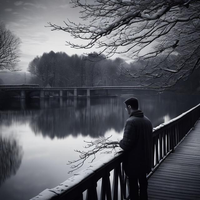 Prompt: I am men age 22 make the image CGI or natural .Compose a poignant profile picture capturing the profound emotions of loneliness and heartbreak. The focus is on a close-up of the individual's face, standing near a bridge railing against the backdrop of a winter morning. Below the bridge, feature a serene lake or river to enhance the reflective mood. Use natural lighting to highlight the person's expressions and convey the complexity of emotions experienced after heartbreak. Craft an image that is emotionally resonant and suitable for use as a profile picture, evoking a sense of solitude and the beauty of nature amidst personal pain.