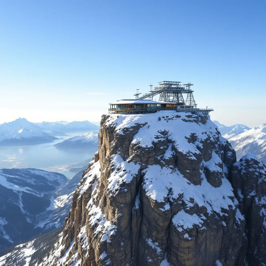 Prompt: Cable car station on top of a snow-covered cliff