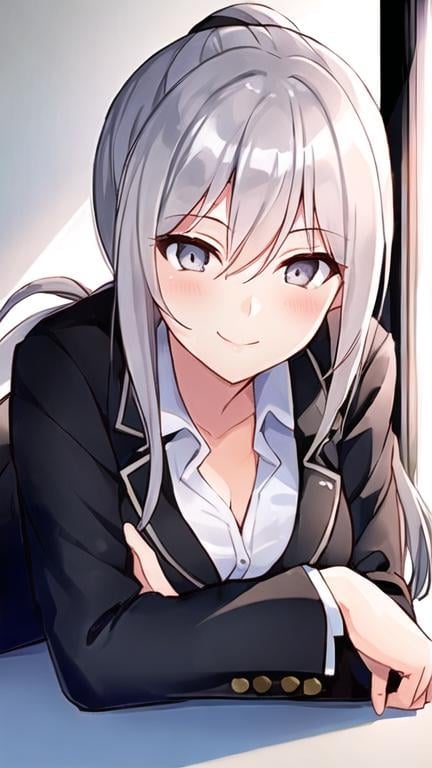 Prompt: 1 Girl with grey eyes, long grey hair in a ponytail, wearing a office suit, lying on her office desk with a hand over her chin, near of the window, smiling, blushing, looking at the viewer, at midnight with the lights on