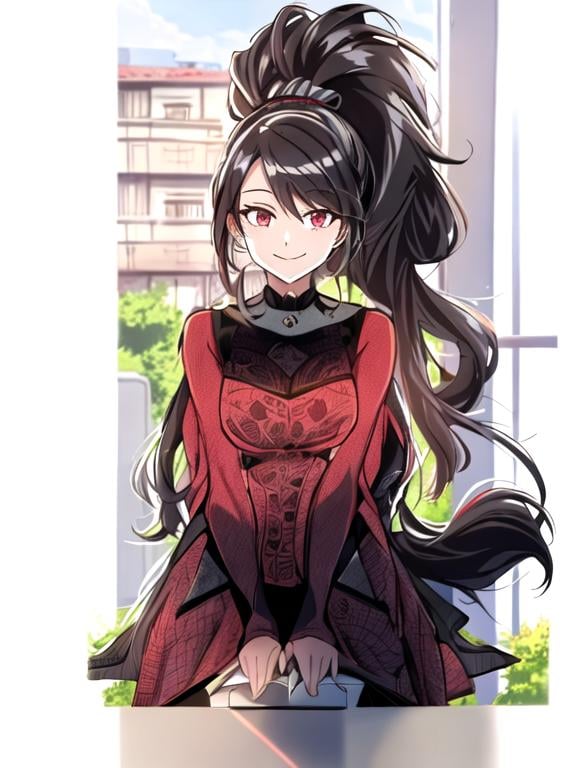 Prompt: (Detailed background), A secretary woman, with a long hair in a ponytail, wearing office fashion, looking at the viewer, smiling, intricate detail, (at the countryside) 