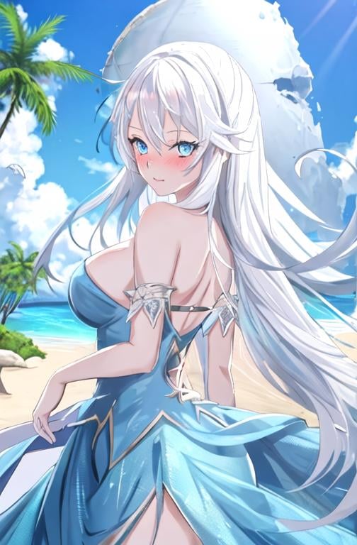 Prompt: Portrait of a tall 1woman, blue-eyed with diamond-shaped pupils, with white hair, with an antenna in her hair, near of a coconut tree, blushing, on the beach, looking at the viewer, intricate detail