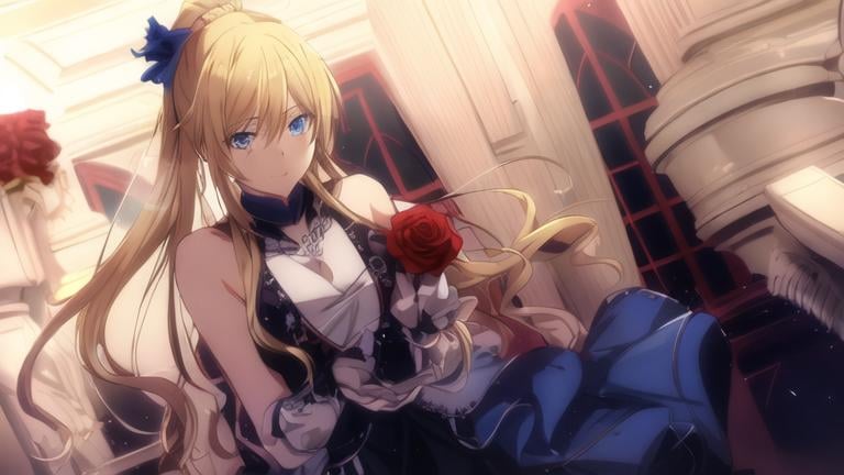 Prompt:  A tall girl with blue eyes and long blonde hair in a ponytail, wearing a two-toned dress, holding a red rose, inside a hall at night