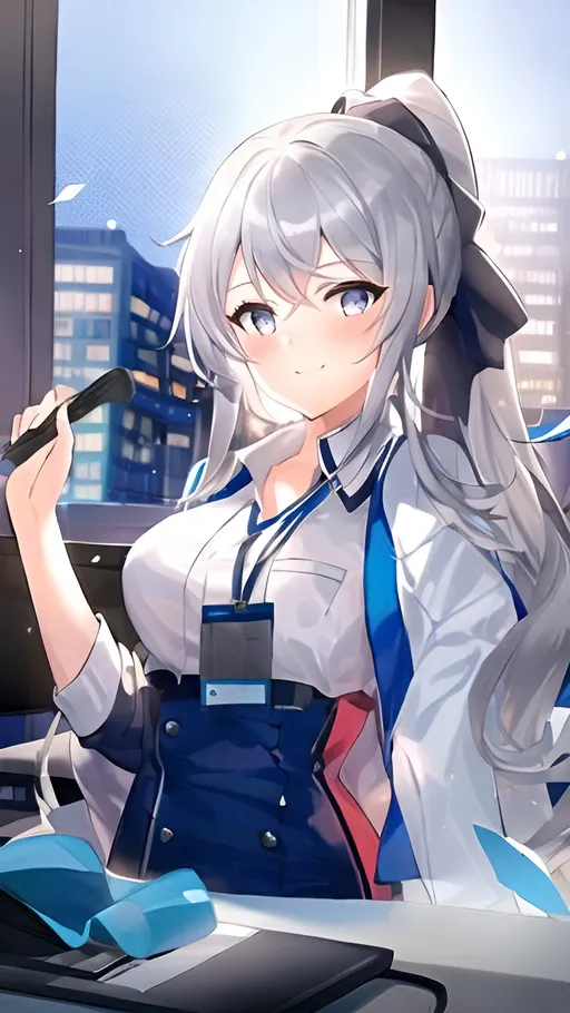 Prompt: 1 Girl with grey eyes, long grey hair in a ponytail, wearing a blue office suit, lying on her office desk with a hand over her chin, near of the window, smiling, blushing, looking at the viewer, at midnight with the lights on