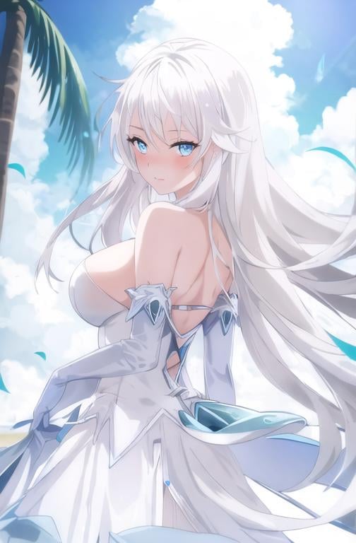 Prompt: Portrait of a tall 1woman, blue-eyed with diamond-shaped pupils, with white hair, with an antenna in her hair, near of a coconut tree, blushing, on the beach, looking at the viewer, intricate detail