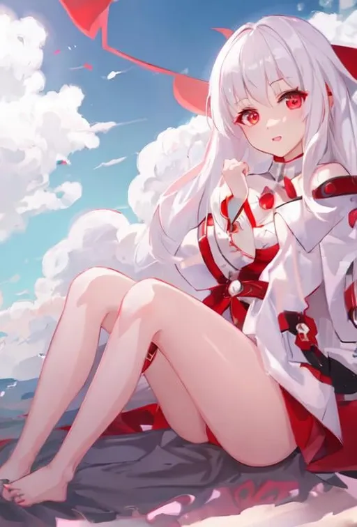 Prompt: Fantasy, looking at viewer,  fullbody portrait of (1 girl), red-eyed, with long white hair, wearing vampire fashion, barefooted, in the beach, at dusk, anthropomorphic, intricate detail, high quality, high quality, digital art, [{human anatomy}]