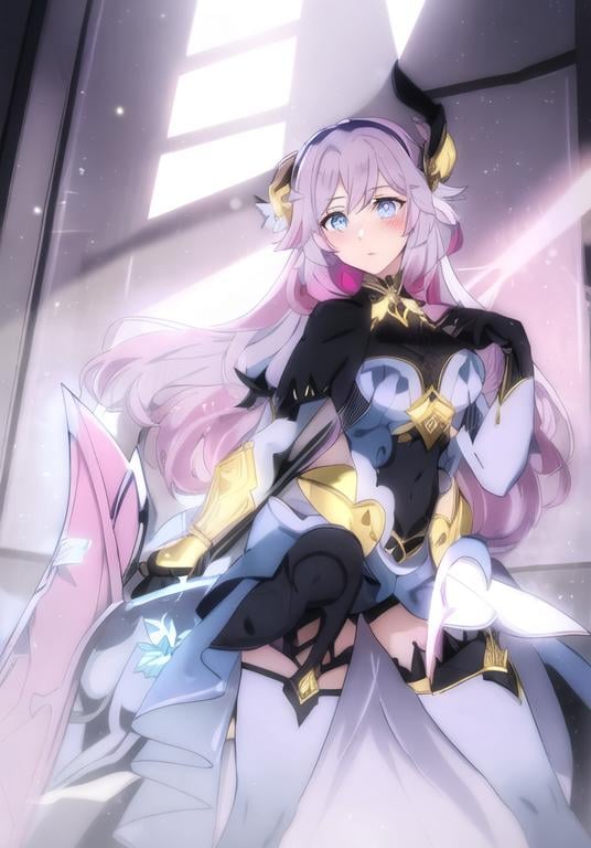 Prompt: Fullbody portrait of a tall  1woman, blue-eyed with diamond-shaped pupils, with pink hair, with an antenna in her hair, wearing a black armored dress, golden jewelry, holding a silver polearm, blushing, inside a hall at night, intricate detail