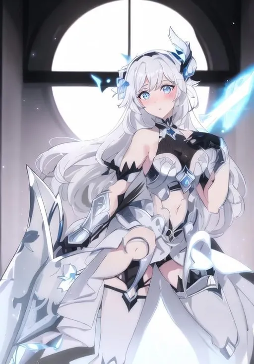 Prompt: Fullbody portrait of a tall  1woman, blue-eyed with diamond-shaped pupils, with white hair, with an antenna in her hair, wearing a black armored dress, golden jewelry, holding a silver polearm, blushing, inside a hall at night, intricate detail