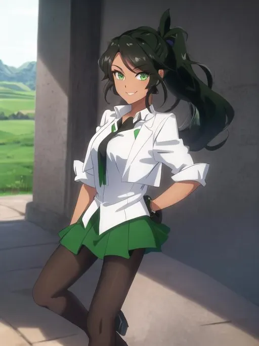 Prompt: Portrait of a woman, tanned, green-eyed, , with long black hair in a ponytail, wearing office fashion, looking at the viewer, smiling, intricate detail, at the countryside 