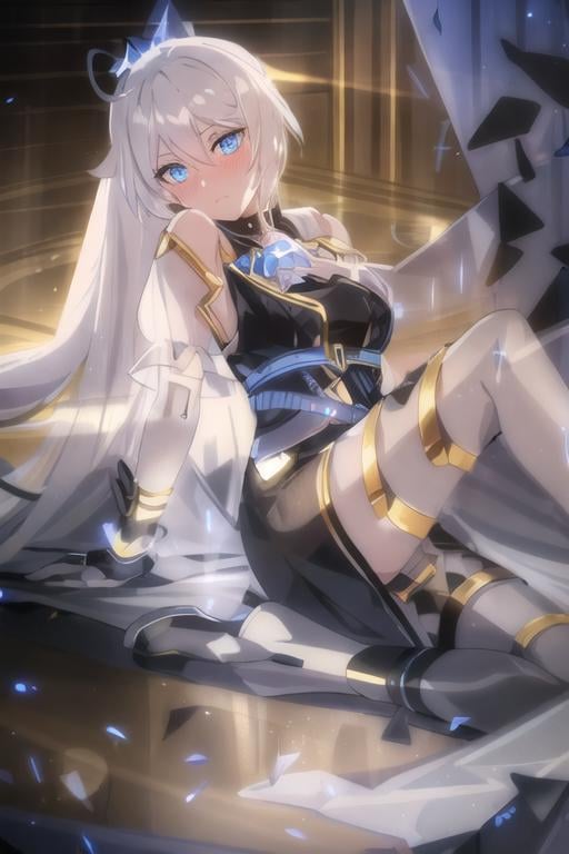 Prompt: Fullbody portrait of a tall  1woman, blue-eyed with diamond-shaped pupils, with white hair, with an antenna in her hair, wearing a black armored dress, golden jewelry, blushing, inside a hall at night, intricate detail
