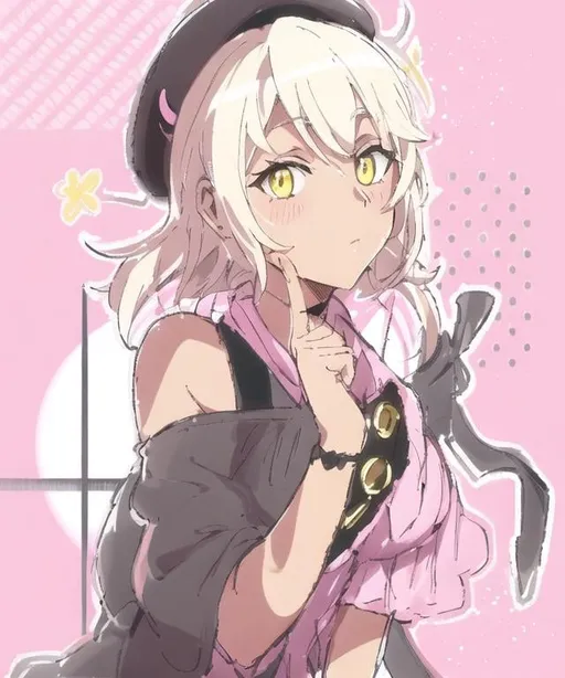 Prompt: Portrait of a tanned girl with yellow eyes and short white hair, wearing a two-toned shirt with a black beret, looking at the viewver, pink background