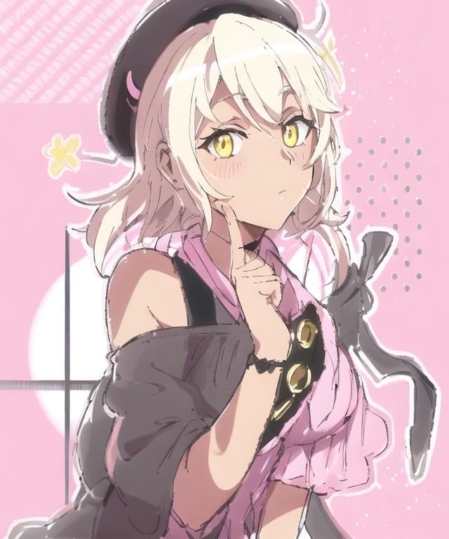 Prompt: Portrait of a tanned girl with yellow eyes and short white hair, wearing a two-toned shirt with a black beret, looking at the viewver, pink background