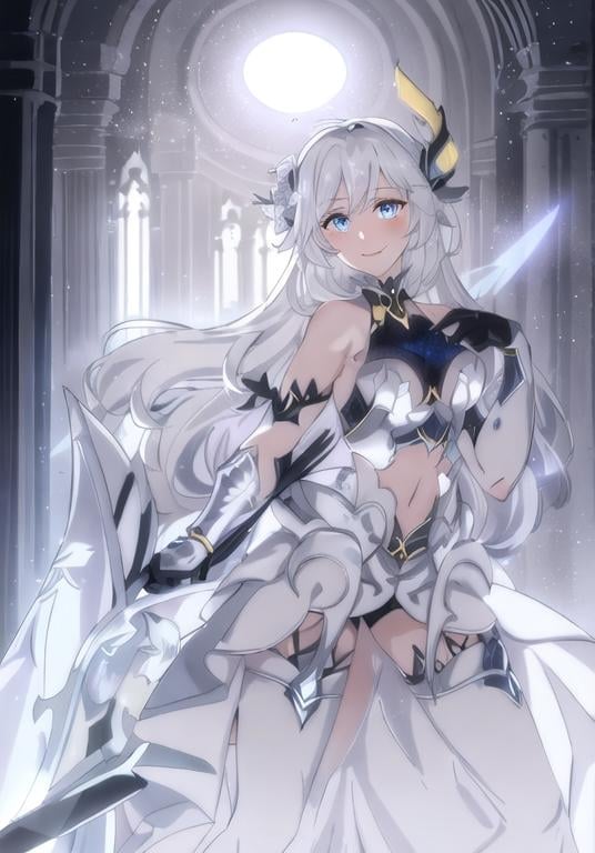 Prompt: Fullbody portrait of a tall  1woman, blue-eyed with diamond-shaped pupils, with white hair, with an antenna in her hair, wearing a black armored dress, golden jewelry, holding a silver polearm, smiling, blushing, inside a hall at night, intricate detail