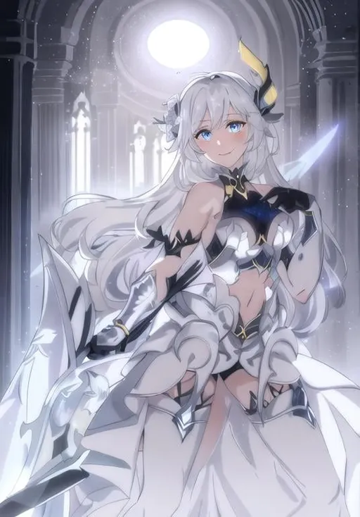 Prompt: Fullbody portrait of a tall  1woman, blue-eyed with diamond-shaped pupils, with white hair, with an antenna in her hair, wearing a black armored dress, golden jewelry, holding a silver polearm, smiling, blushing, inside a hall at night, intricate detail