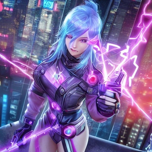 Prompt: cyberpunk, female, uses lightning element