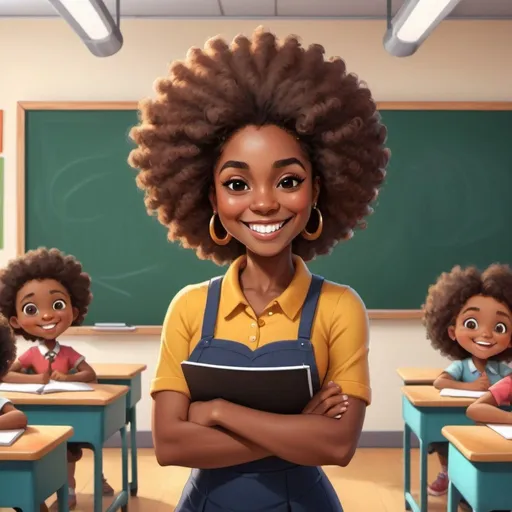 Prompt: bright cartoon class room with a brown skin teacher with an afro and a big smile with a chalk board behind her.
