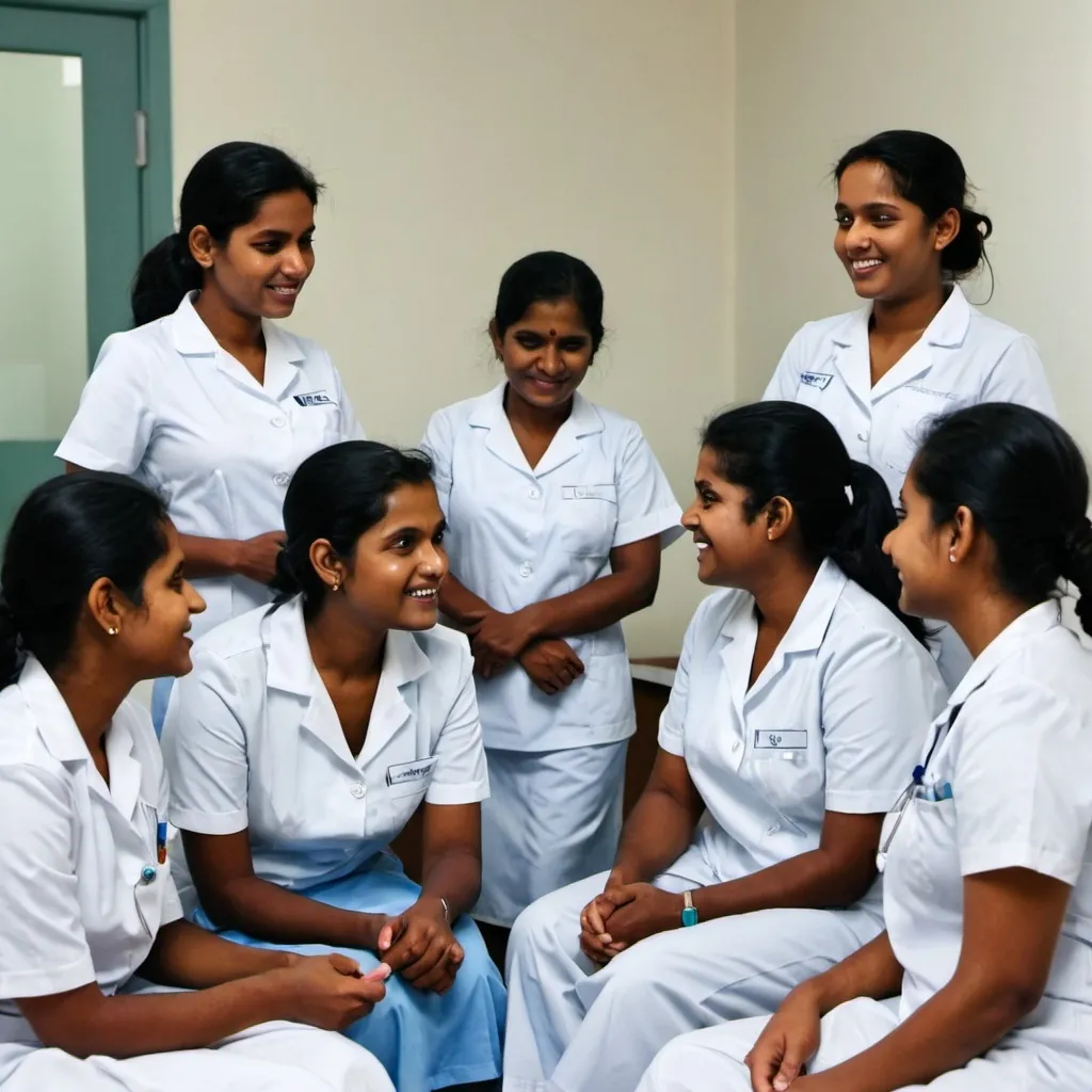 Prompt: sri lankan Hospital Nurses sitting around and chatting