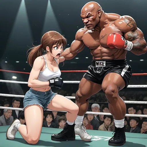 Prompt: an anime chick beating up mike tyson

