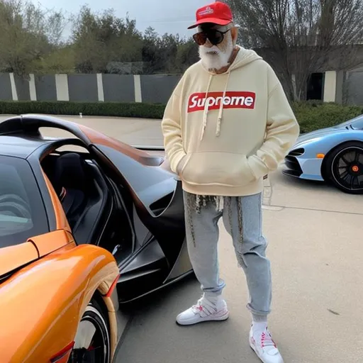 Prompt: old man dripped out with off white hoodie and cucci pants and a supreme hat sitting in a mclaren senna smoking bong