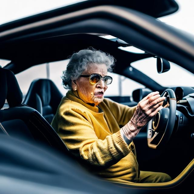 Prompt: old woman driving in a golden mclaren senna while smoking a joint