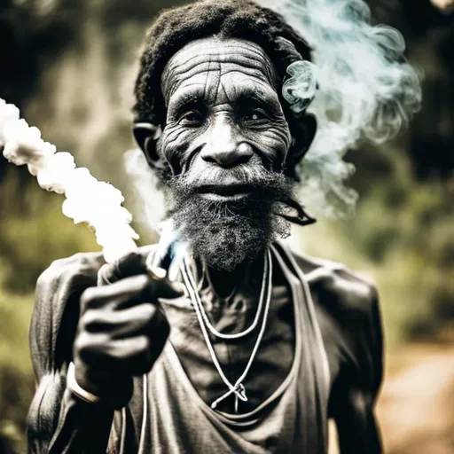 Prompt: old jamacian man with smoke out of his mouth with a joint in his hand