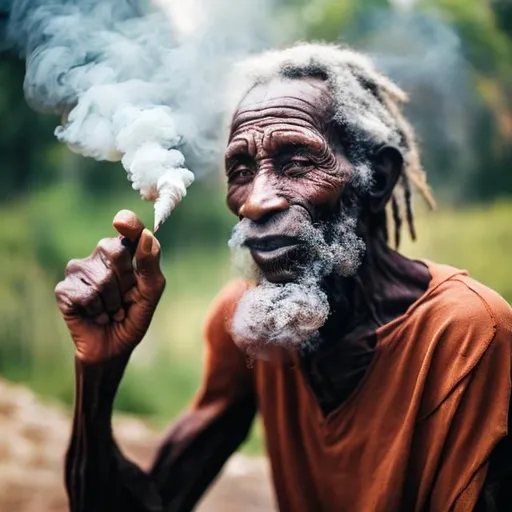 Prompt: old jamacian man with smoke out of his mouth with a joint in his hand