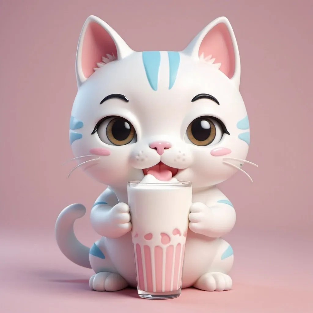Prompt: a 3d cat in kawaii style sipping on a milk