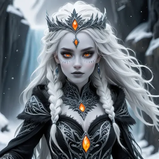 Prompt: Una maestosa ed eterea regina del ghiaccio con penetranti occhi arancioni che sembrano ardere di un fuoco interiore, adornata da intricate vesti argentate e nere con delicati motivi simili al gelo, i suoi lunghi capelli bianchi come la neve intrecciati che scendono lungo la schiena come un fiume di ghiaccio, il suo viso dipinto con delicati motivi blu vorticosi che evocano i sussurri dei venti invernali, indossa una corona scintillante di fragili fiocchi di neve simili a pizzi che brillano nella debole luce gelida, su uno sfondo di strutture cristalline ghiacciate che si estendono verso il cielo come schegge di vetro, il tutto catturato in uno stile che ricorda l'arte fantasy, con una qualità onirica che confonde il confine tra realtà e mito, in una fotografia che è allo stesso tempo inquietantemente bella e inquietantemente accattivante. bellissima a figura intera che cammina verso la telecamera