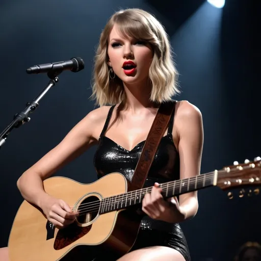 Prompt: Hyper realistic Taylor Swift  sitting down singing playing acoustic guitar in concert wearing very skimpy and revealing outfit