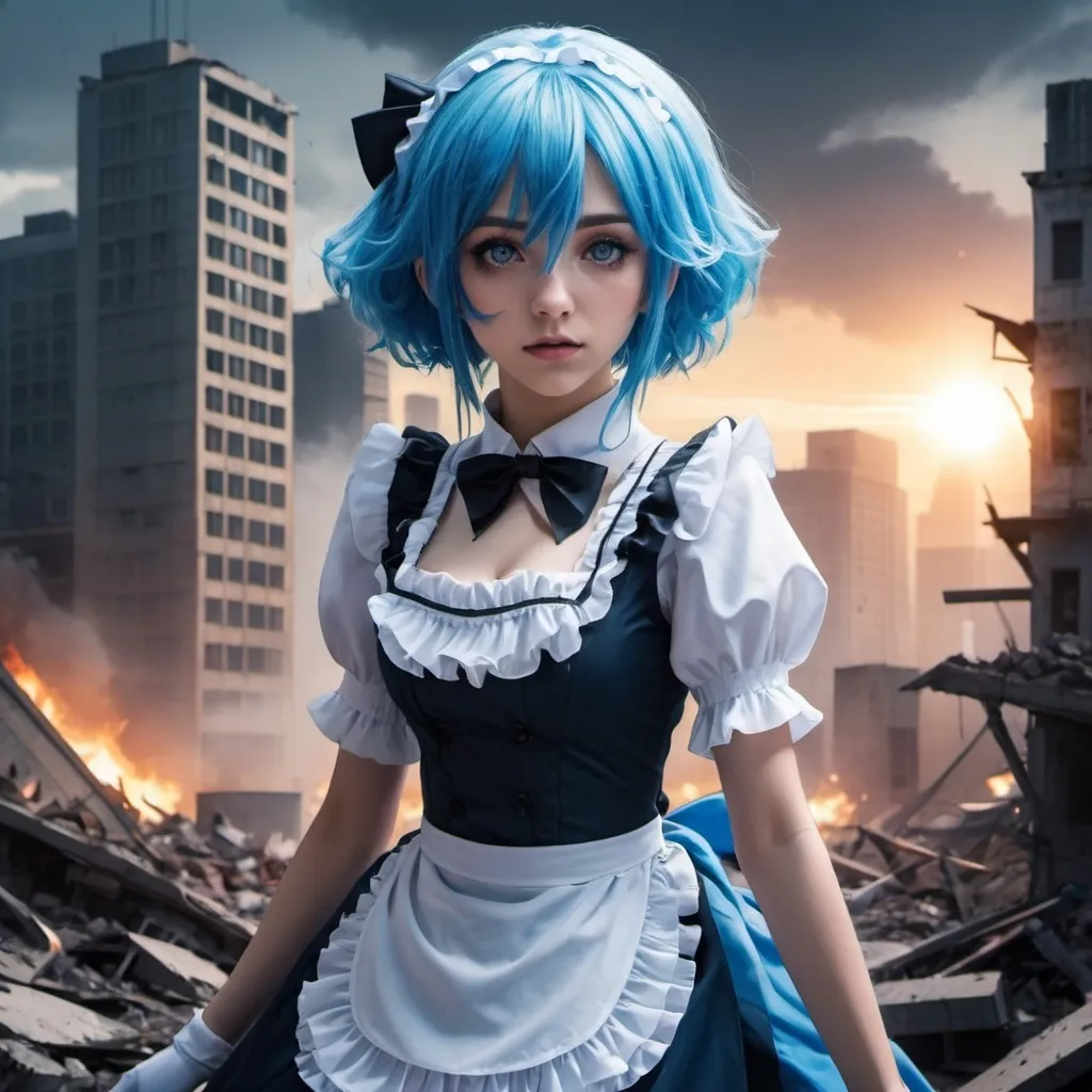 Prompt: Anime illustration, a blue-haired woman in her 20s, maid outfit, dramatic lighting, destroyed city 