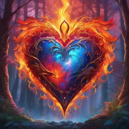 Prompt: Fantasy illustration of a passionate flaming heart, vibrant and fiery colors, mystical forest backdrop, ethereal flames dancing around the heart, magical and enchanting atmosphere, high quality, detailed fantasy, mystical, vibrant colors, passionate flames, atmospheric lighting