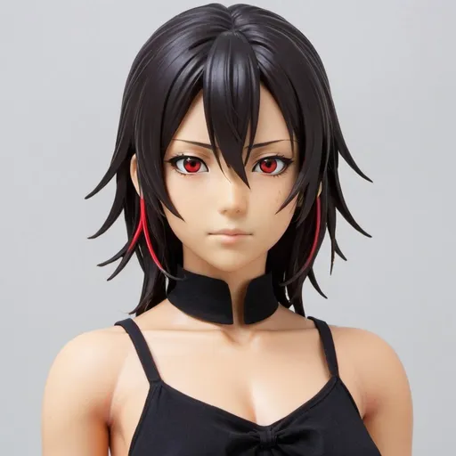 Prompt: Misaki has shoulder length black air with red streaks, slightly tanned skin, and white eyes. she has red ring that resemble Keigo Tamaki's