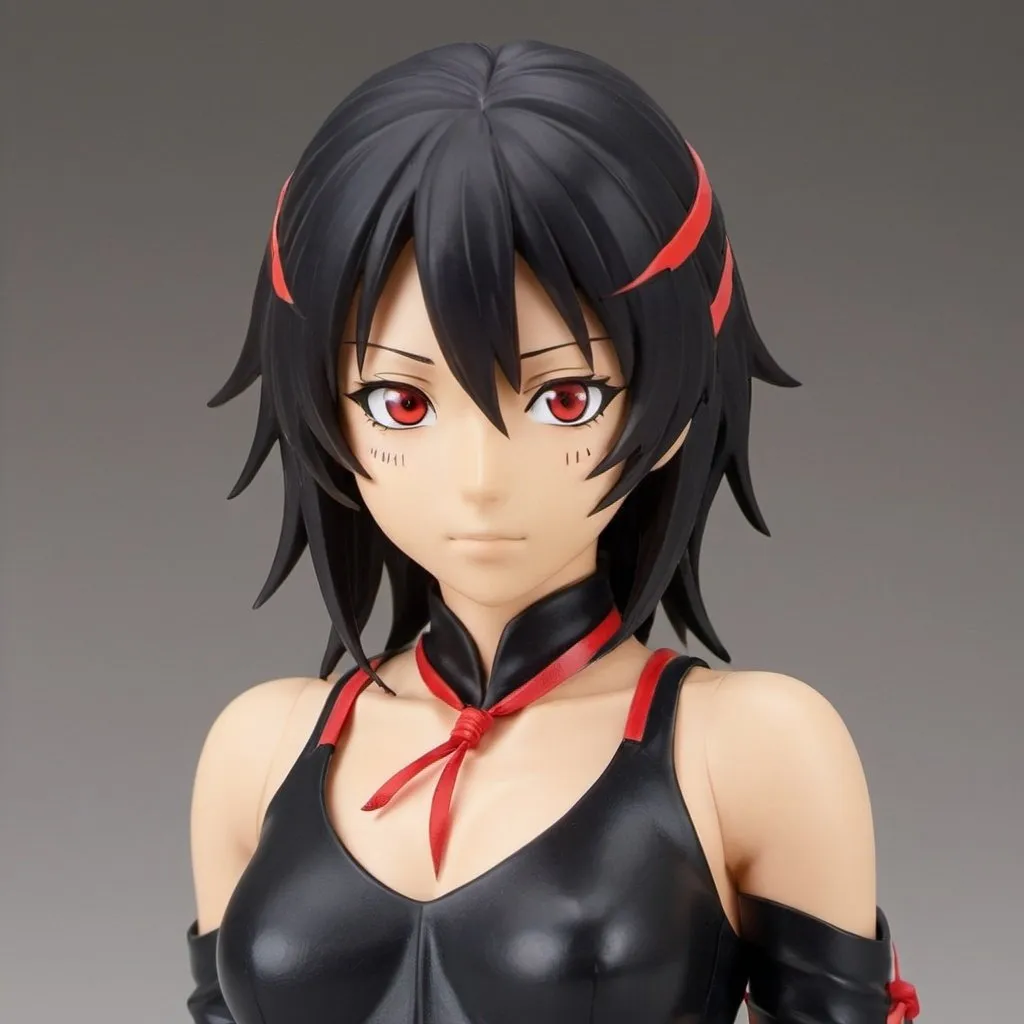 Prompt: Misaki has shoulder length black air with red streaks, slightly tanned skin, and white eyes. she has red ring that resemble Keigo Tamaki's