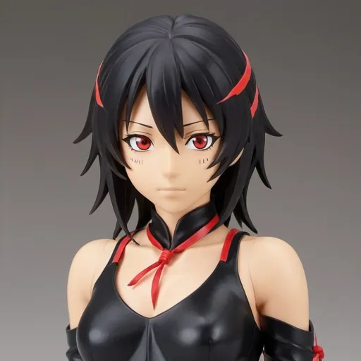 Prompt: Misaki has shoulder length black air with red streaks, slightly tanned skin, and white eyes. she has red ring that resemble Keigo Tamaki's