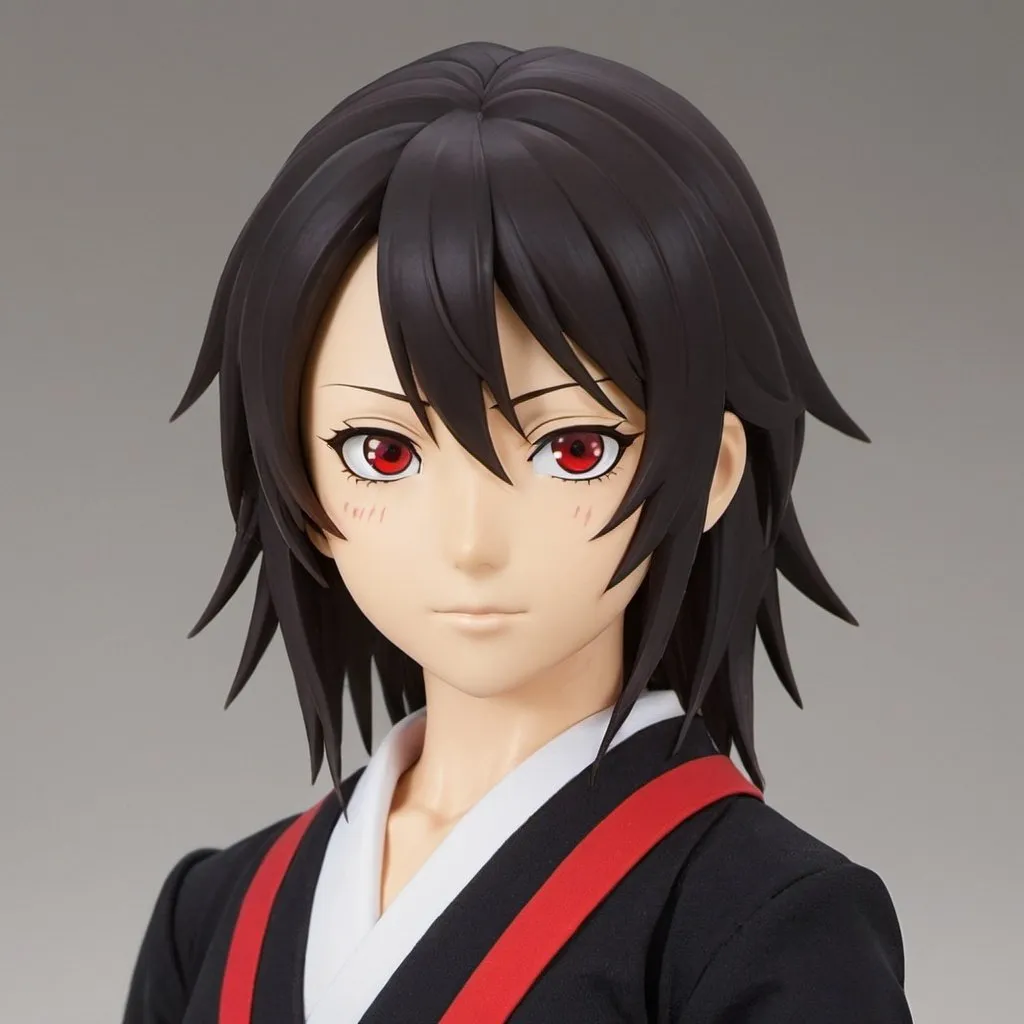 Prompt: Misaki has shoulder length black air with red streaks, slightly tanned skin, and white eyes. she has red ring that resemble Keigo Tamaki's