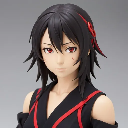 Prompt: Misaki has shoulder length black air with red streaks, slightly tanned skin, and white eyes. she has red ring that resemble Keigo Tamaki's