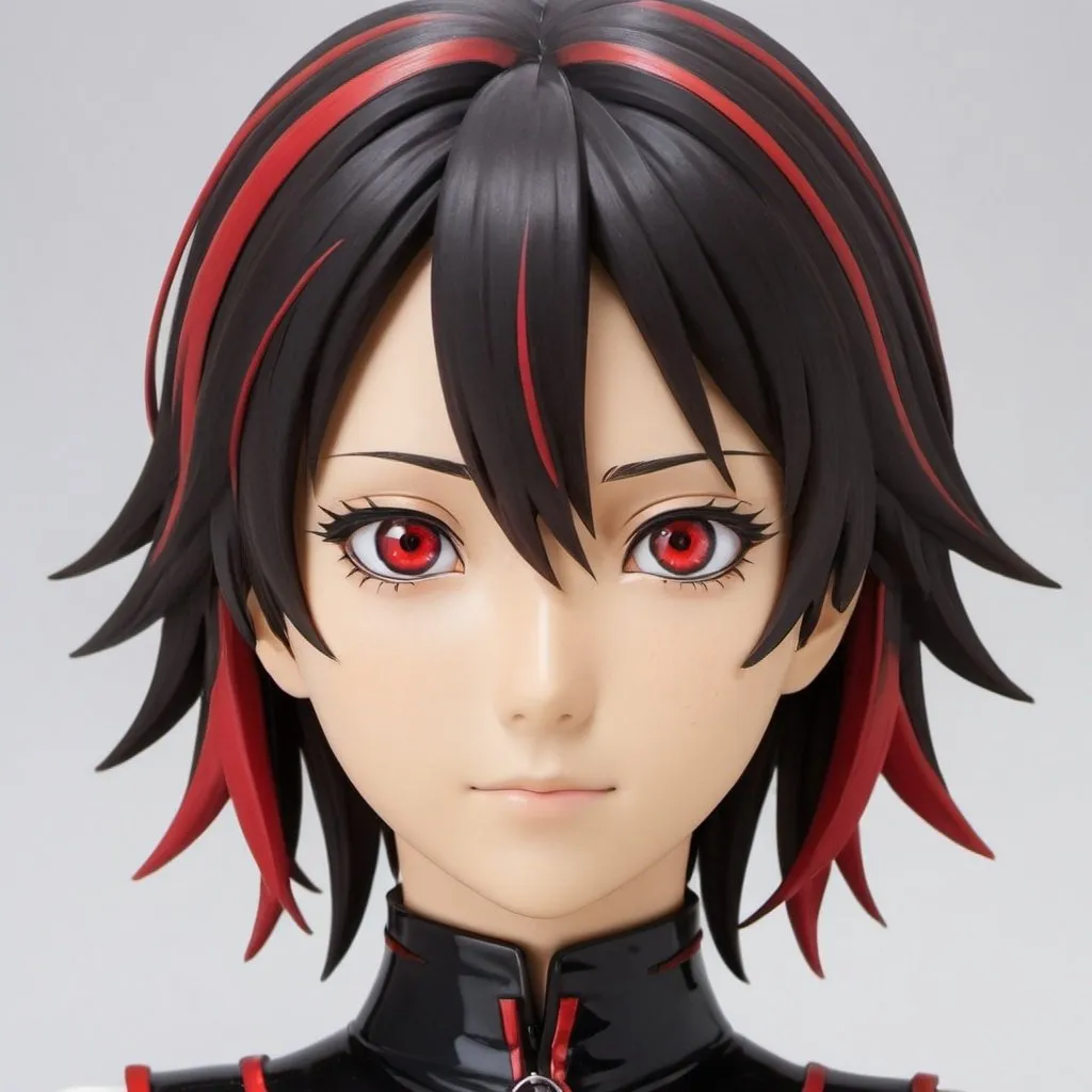 Prompt: Misaki has shoulder length black air with red streaks, slightly tanned skin, and white eyes. she has red ring that resemble Keigo Tamaki's