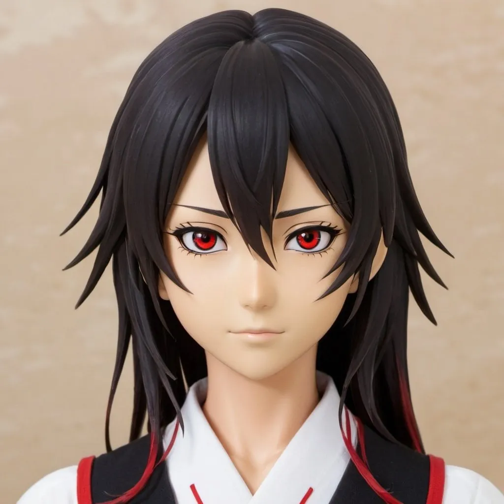 Prompt: Misaki has shoulder length black air with red streaks, slightly tanned skin, and white eyes. she has red ring that resemble Keigo Tamaki's