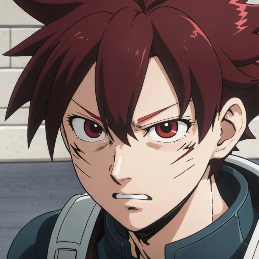 Prompt: Akira has dark red hair, and black eyes. He's usually seen in his hero uniform. he has a lightening bolt mark on his right cheek, and a large scar on the left side of his jaw. my hero academia style screencap