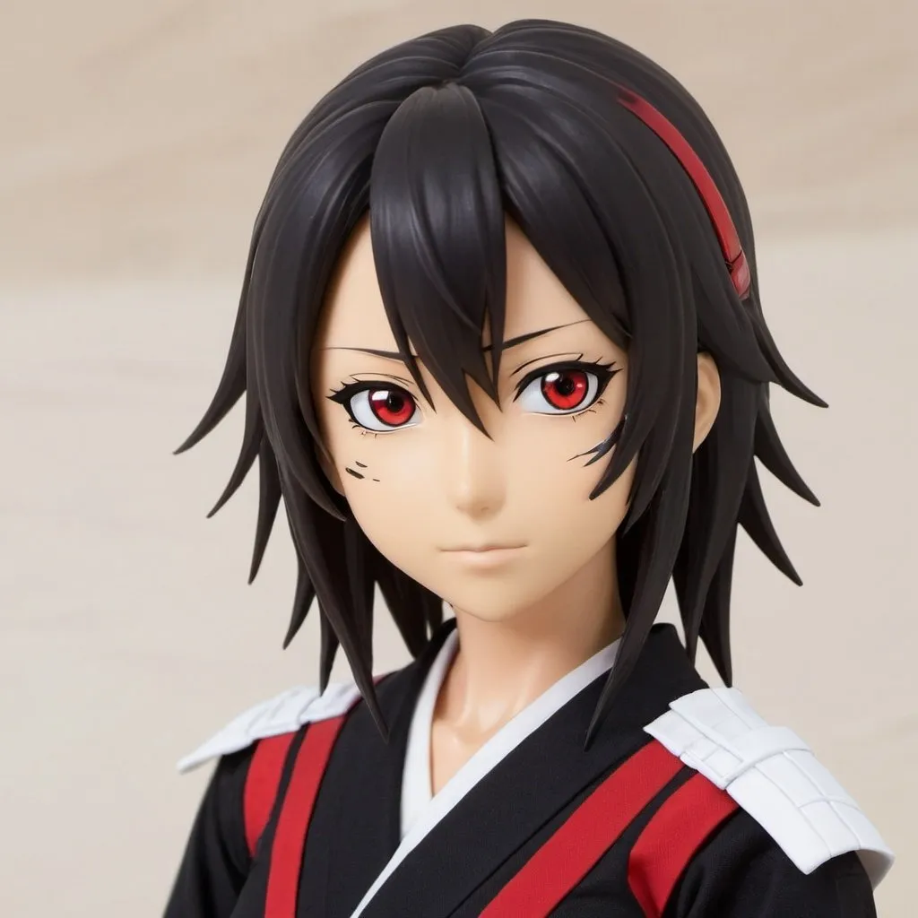 Prompt: Misaki has shoulder length black air with red streaks, slightly tanned skin, and white eyes. she has red ring that resemble Keigo Tamaki's