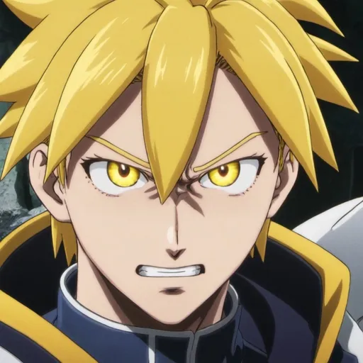 Prompt: Rai has bright yellow/gold, yellow eyes, and has a white lightning-shaped streak in his on his bangs, 5'10, and looks similar to Denki Kaminari, but is not related. my hero academia style screencap